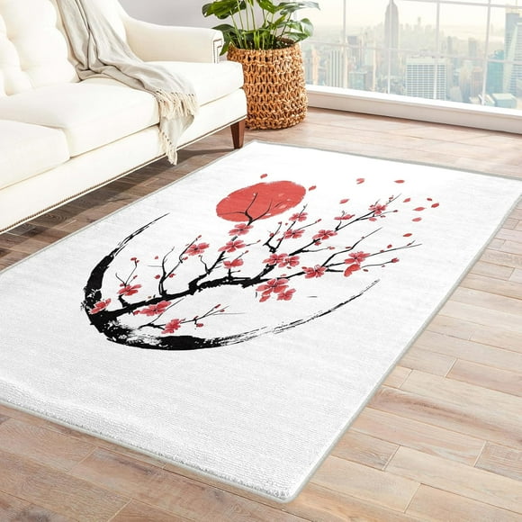 Japanese Rug & Home Decor - Living Room Rug, Cherry Blossom Rugs for Bedroom, Washable Rugs, 4x6 Rug, Non Slip Soft Large Indoor Area Rug, Floral Carpet & Room Decorations Y-&399