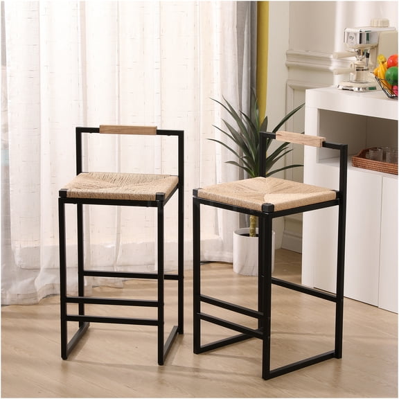 JERFIT 2-Pack Woven Bar Stools with Back, Metal Counter Height Chairs for Kitchen Island, Boho Dining Chair Set, Natural