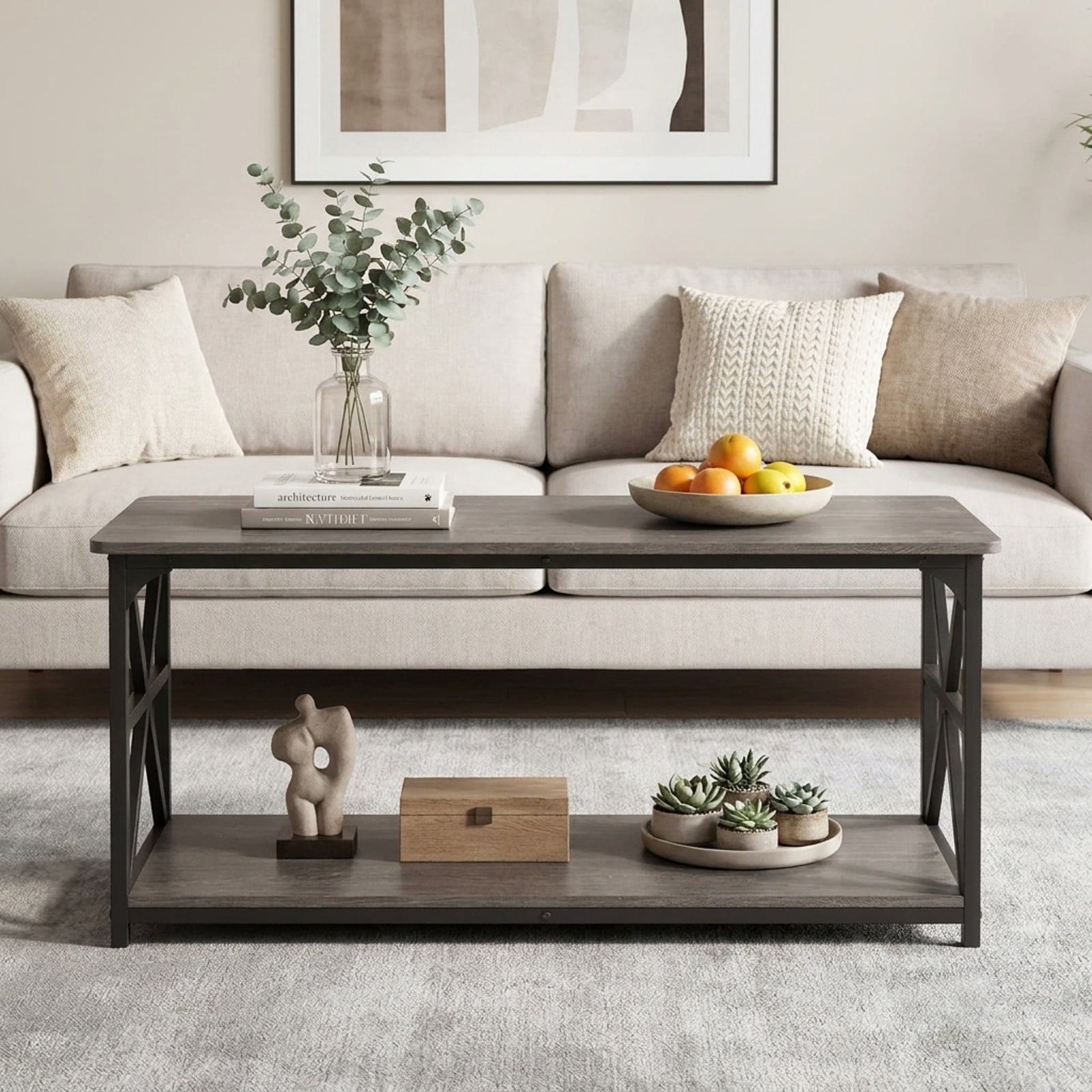 Furnibear 2-Tier Center Coffee Table with Bottom Storage Shelf and Carbon Steel X-Frame for Living Room and Home Office, Rustic, Oak
