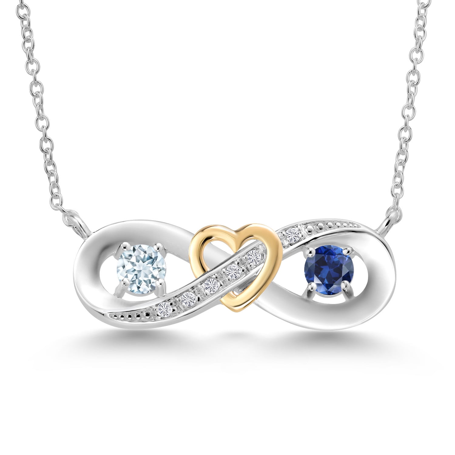 0.56 Ct Sky Blue Aquamarine Blue Created Sapphire 925 Silver and 10K Yellow Gold Two-Tone Heart Interlocking Infinity Symbol Lab Grown Diamond Pendant Necklace for Women with 18 inch Chain