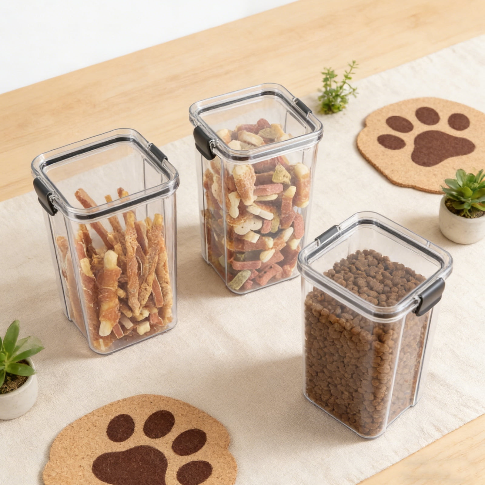 Brabtod 3-Pack Airtight Pet Food Containers with Locking Clips, Dog & Cat Food Storage with Labels & Pen, Bird Seed Treat Canisters