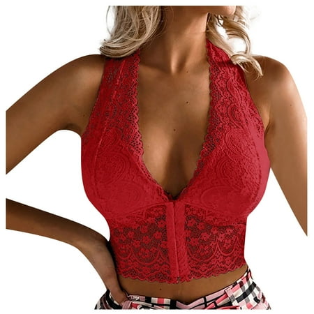 

BIZIZA Women Bralette Camisole Crop Top V Neck Sexy Lace Halter Bra Red L