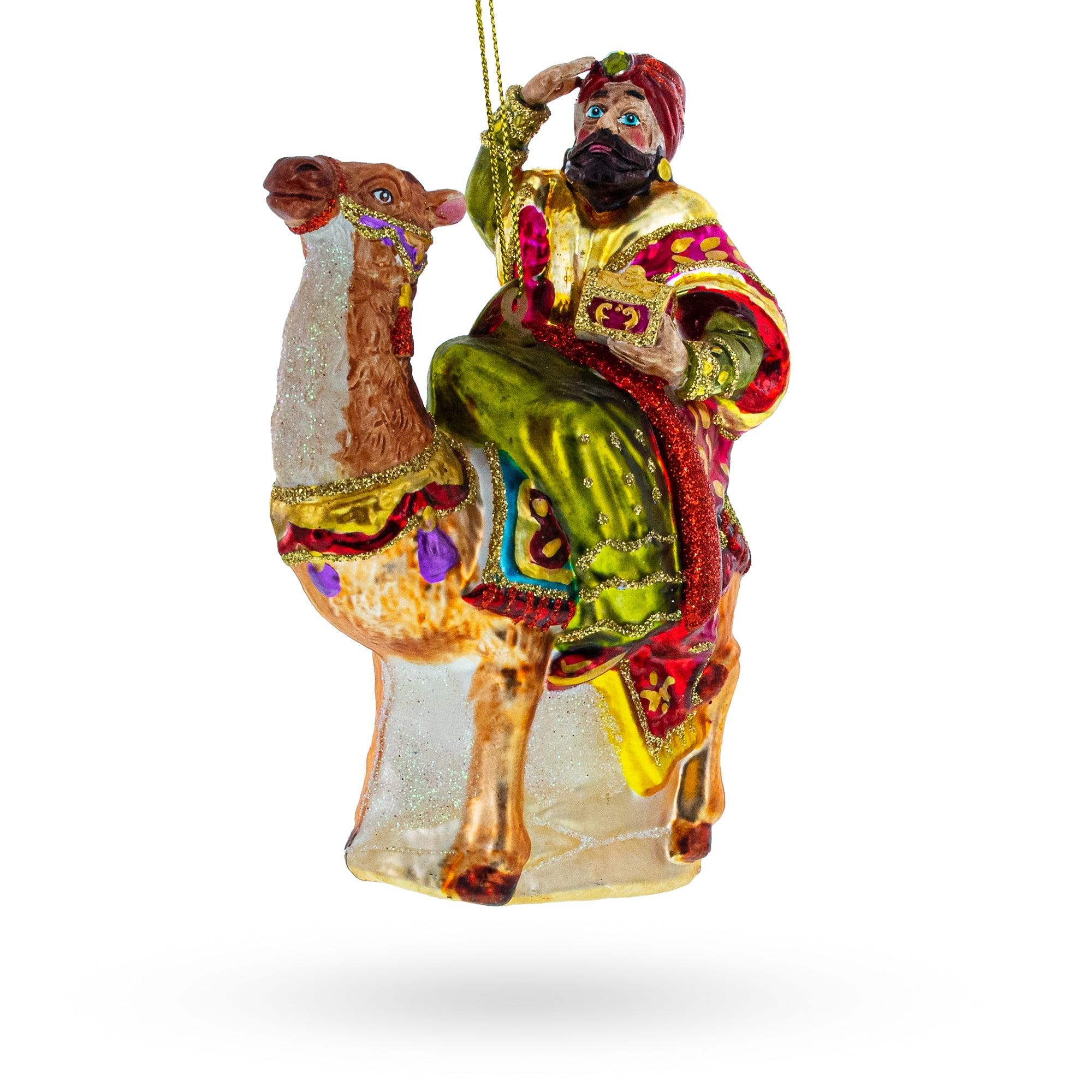 Wiseman Holding Gifts on Camel Glass Christmas Ornament