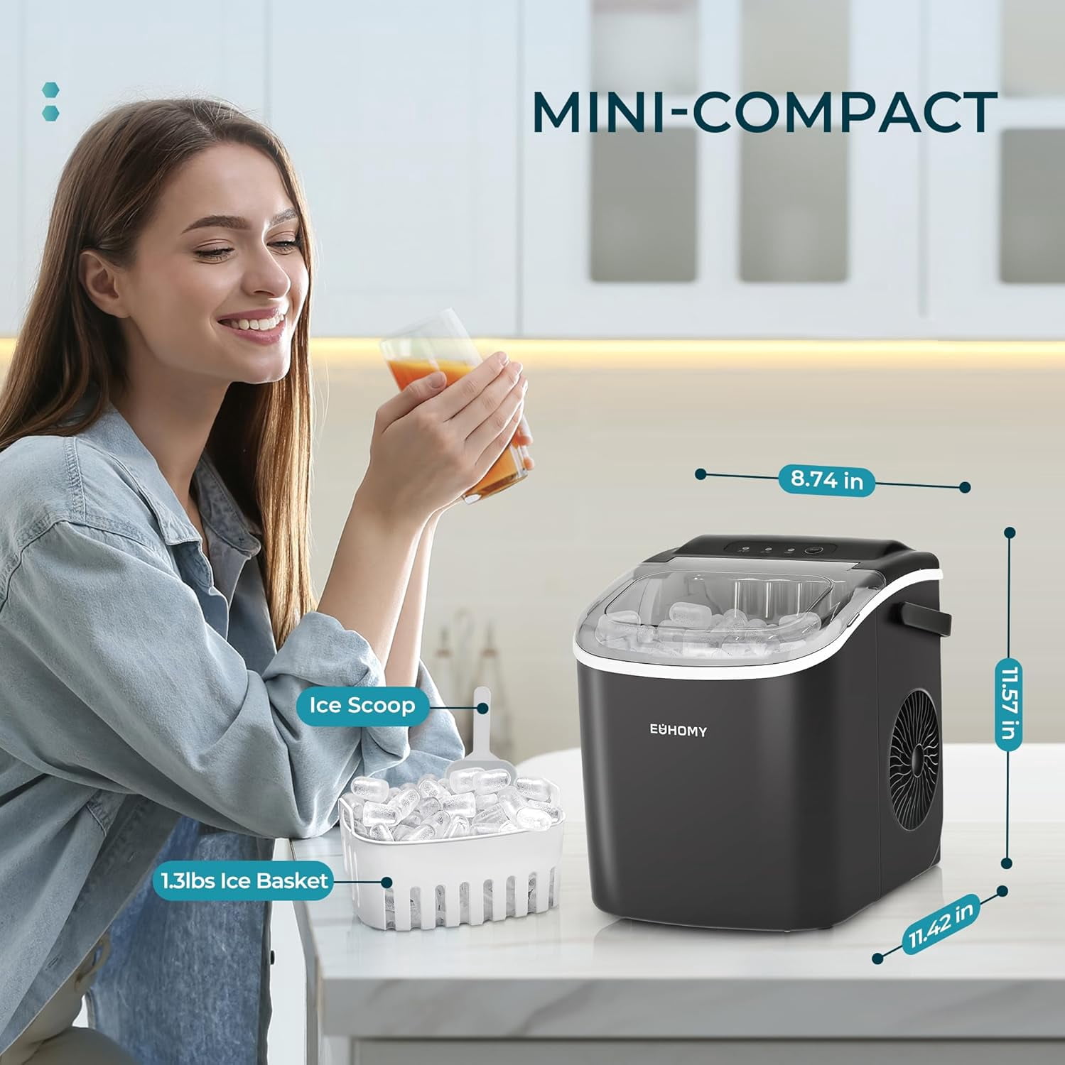 EUHOMY Countertop Ice Maker Machine with Handle, 26.4lbs Per Day, 9 Ice Cubes Ready in 6 Mins, Auto-Cleaning Portable Ice Maker with Basket and Scoop, for Home/Kitchen/Camping/RV (Black)