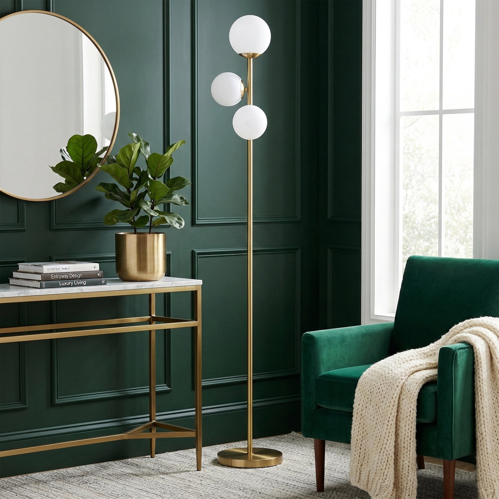 65.7in Gold 3-Light Globe Floor Lamp Modern Standing Tree Lamp with Frosted Glass Shades & Foot Switch for Living Room Bedroom
