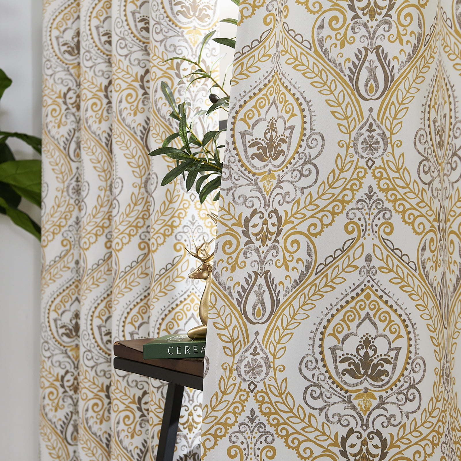 Curtainking 100% Blackout Curtains 84 in Yellow Damask Medallion Window Curtains for Bedroom Grommet Thermal Insulated Drapes for Living Room Vintage Luxury Window Treatments Set 2 Panels