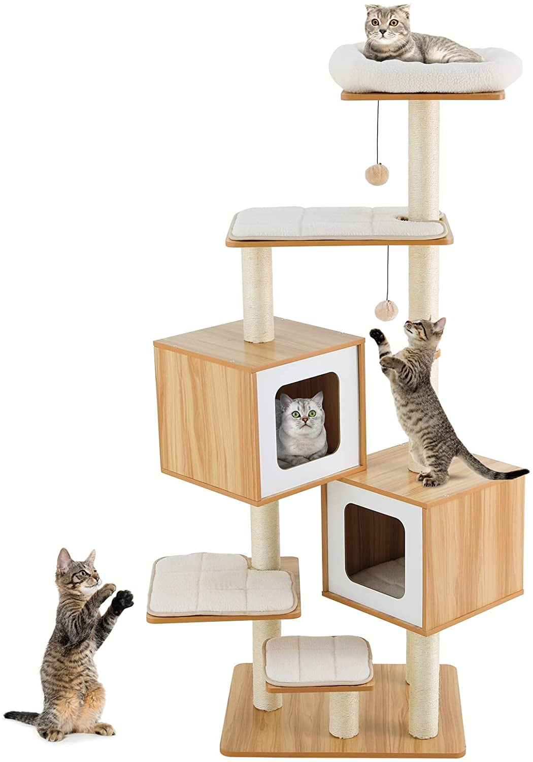 Arlopu 63" Double Condo Cat Tree with Scratching Post, MultiLevel