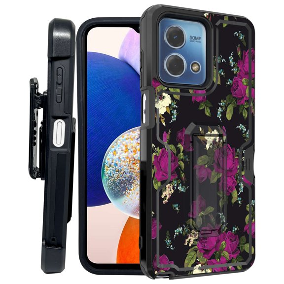 ANJ  Rugged Shockproof Kickstand Hybrid Case with Card Slot and Holster   Tempered Glass Cover for Motorola Moto G Stylus 5G (2023) - Enchanted Roses