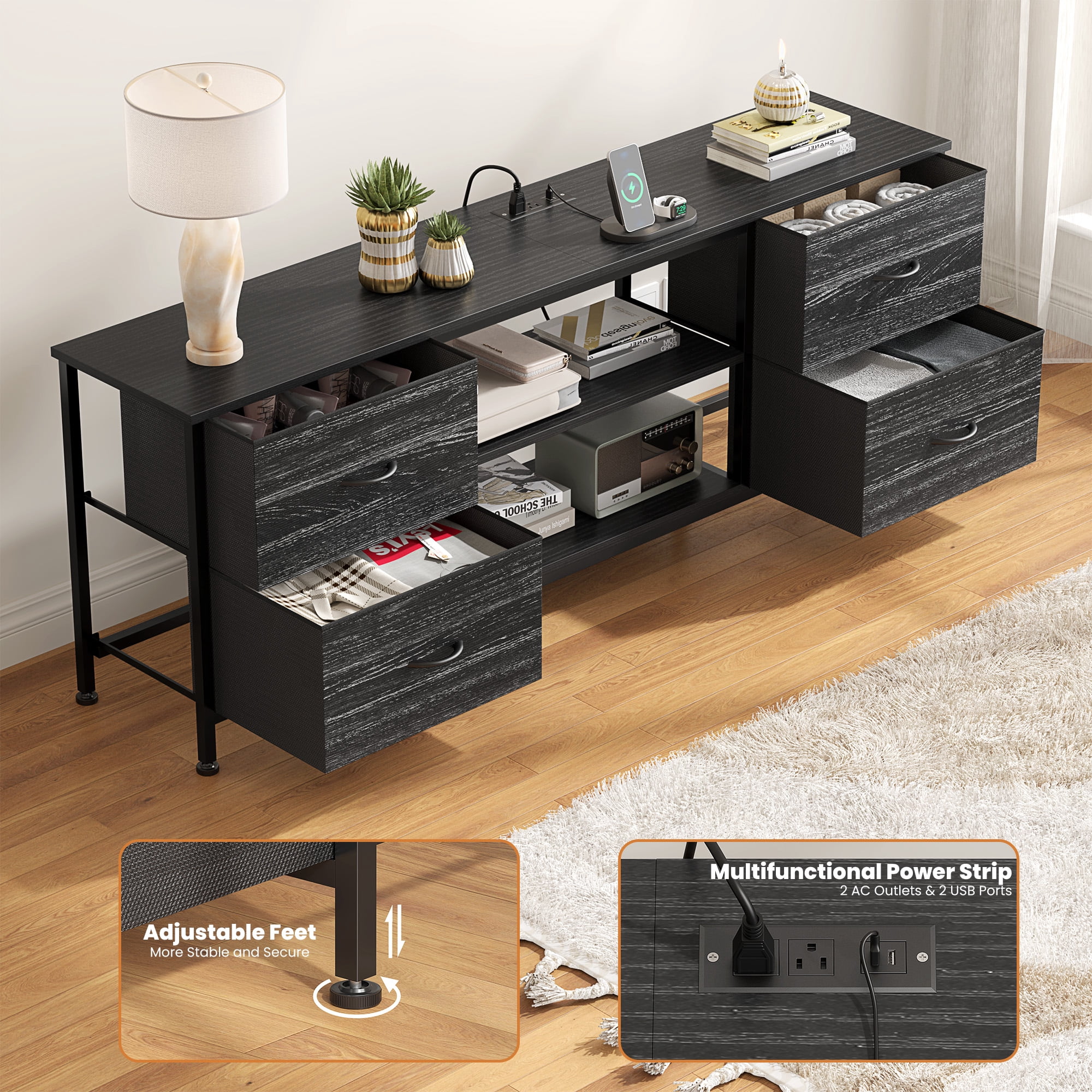 TV Stand for Bedroom, Television Stand for TV up to 60 Inch Entertainment Center Dresser with 4 Drawers Open Storage Shelves for Living Room, Entryway