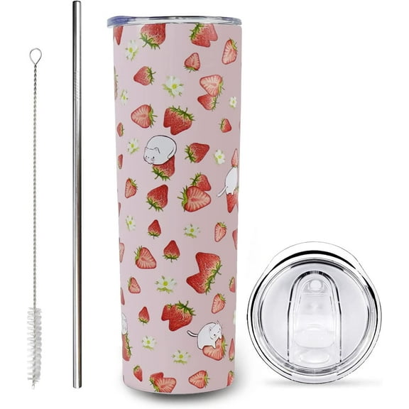 Strawberry Cat Tumblers Double Wall Cat Travel Mug Tumbler with Lid and Straw stainless steel Cute 20oz Strawberry Vacuum Insulated Tumbler Cup Mug Pink cat Cup Birthday Gifts for Women/girl/lover