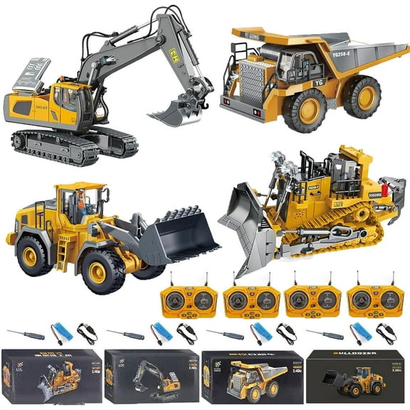 Mudsterz Trucks Construction RC Set of 4, 2026 Upgraded RC Construction Vehicles, 2.4GHz Heavy-Duty Remote Control Excavator, Dump Truck, Bulldozer & Loader Equipment with 360° Rotation