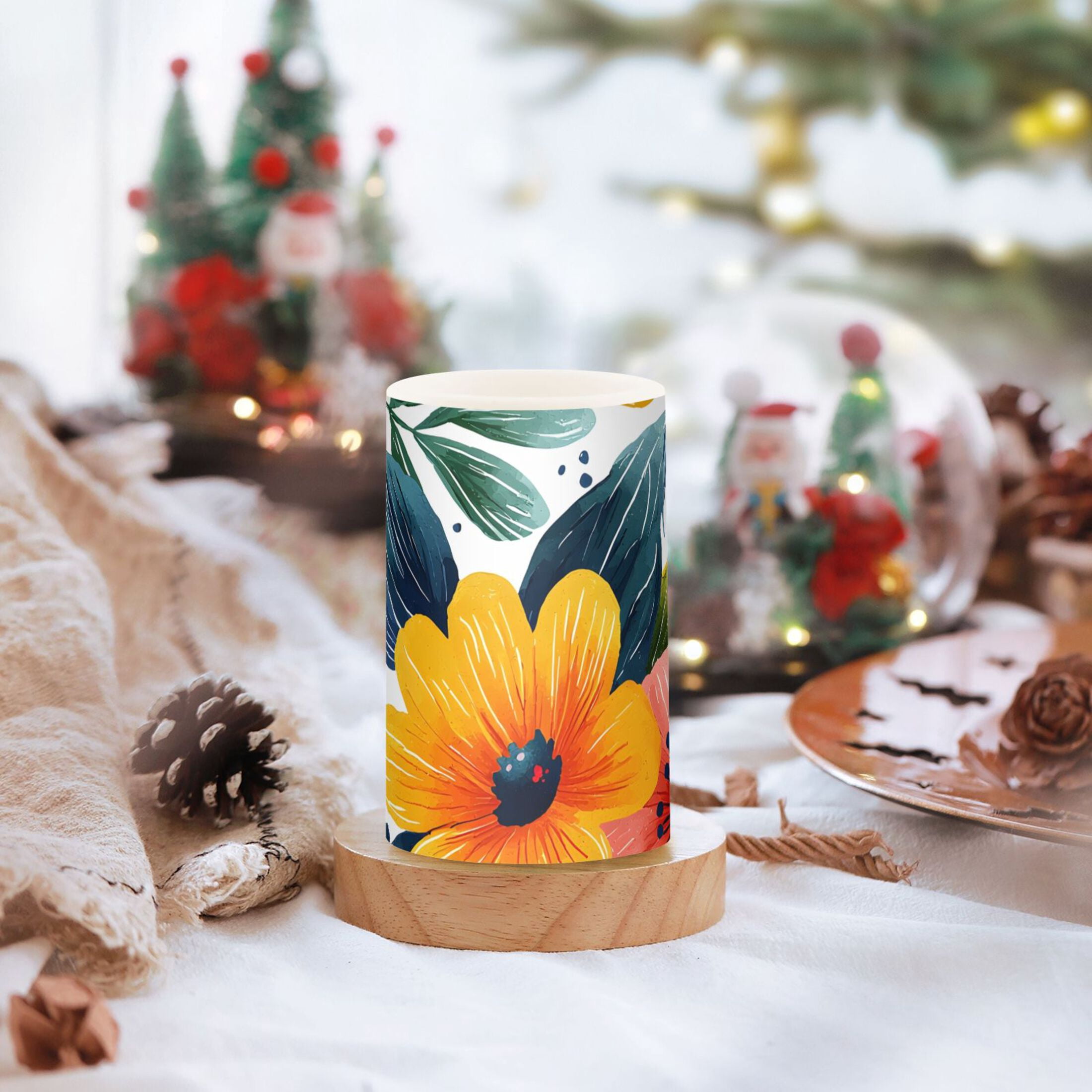 Tropical Flower Flickering Flameless Candles Battery Operated with Remote Timer LED Pillar Candles Set of 2