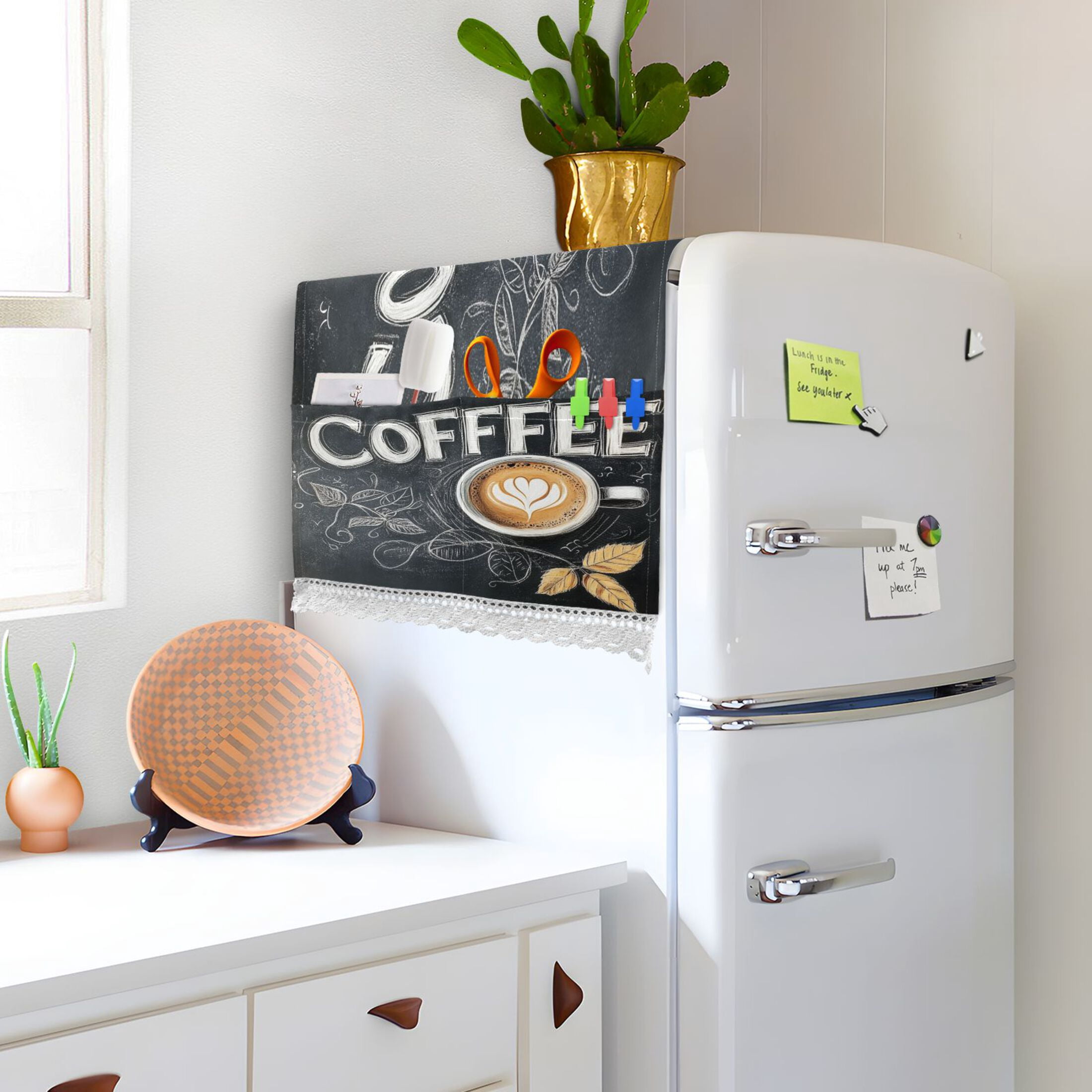 Coffee TimeWasher and Dryer Covers Dust-Proof and Oil Resistant Fridge Cover with 4 Storage Pockets Washing Machine Top Cover for Laundry Kitchen Home 51.2 x 22 In