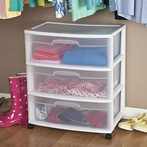 Sterilite Wide 3 Drawer Storage with Wheels, Plastic Rolling Organization Cart, White Frame