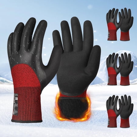 3 Pairs Winter Work Gloves with 3/4 Double-Dipped Coating, Thermal Insulated Gloves with Grip & Abrasion Resistance, ANSI A2 Cut Resistant Warm Glove for Cold Weather, Snow, L, CR3313