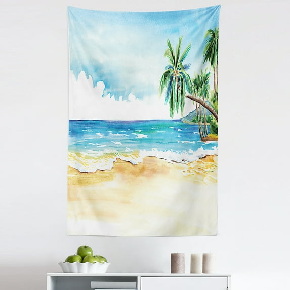 Watercolor Tapestry, Summer Tropical Landscape Scenery Drawing Palm Trees Beach and Ocean, Fabric Wall Hanging Decor for Bedroom Living Room Dorm, 5 Sizes, Sky Blue Ecru Green, by Ambesonne
