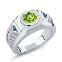 Gem Stone King 1.95 Ct Round Green Peridot Blue Diamond 925 Sterling Silver Men's Ring