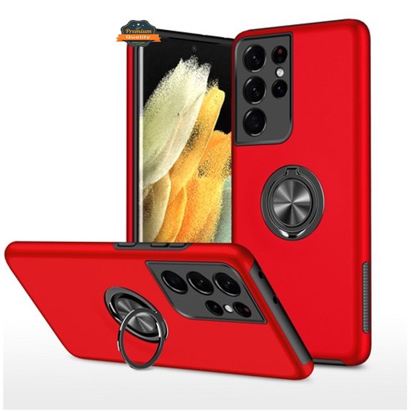 For Samsung Galaxy S25 Ultra Case, Military Grade Hybrid Case with Flat Metal Ring 360° Rotation Kickstand, Slim Fit Back Hard PC Phone Cover (Red)