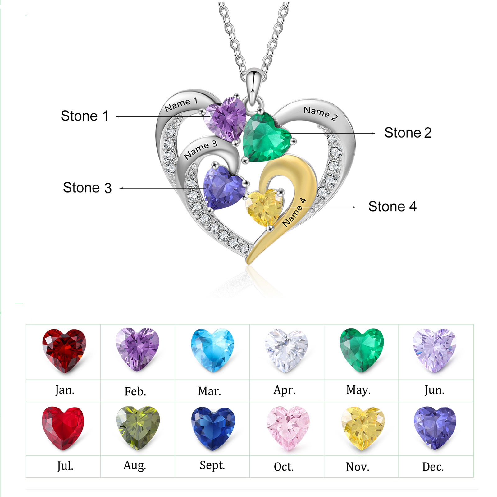 Mementos Personalized Sterling Silver Family Women's Necklace with 4 Birthstones and Names