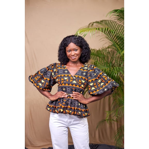 Rema Ankara African Print V Neck Puff Hand Sleeve Top