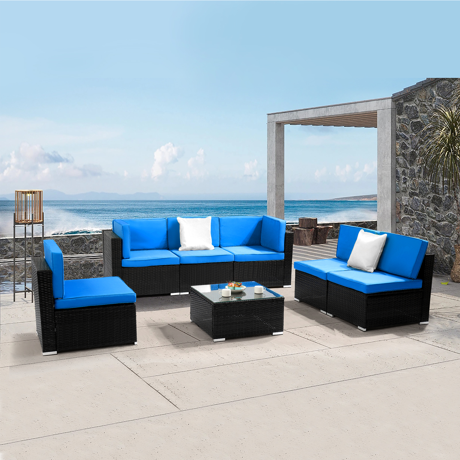 Zimtown 7PCS Outdoor Patio Sectional Set, Wicker Couch Sofa Set, Rattan Conversation Set, All Weather Chat Set for 6 Person, Blue and Black PE Rattan with Table - image 4 of 9