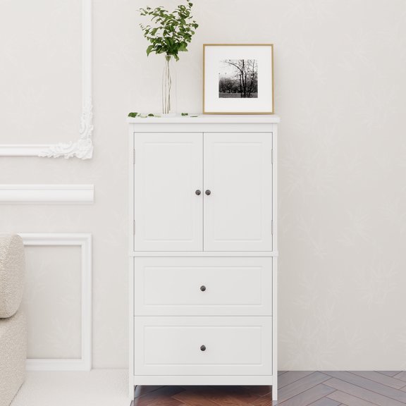 Bathroom Storage Cabinet, Cabinet with Two Doors and Drawers, Adjustable Shelf, MDF Board, White