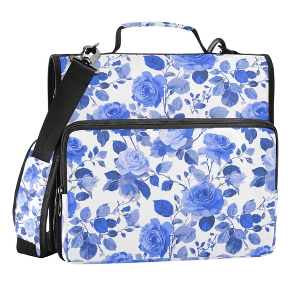 Zipper Binder Blue Roses and Floral 1.5 Inch Binder Folder Bag with Shoulder Strap and Handle