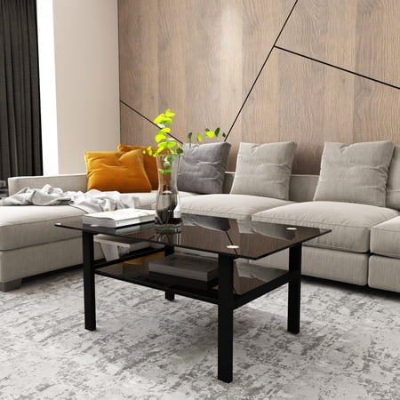 Pouseayar Glass Square Coffee Table Modern Simple for Living Room,Black