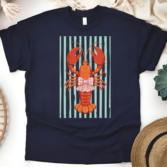 Cute Lobster in Bow T-Shirt for Women, Funny Nautical Summer Graphic Tee, Navy, Size S