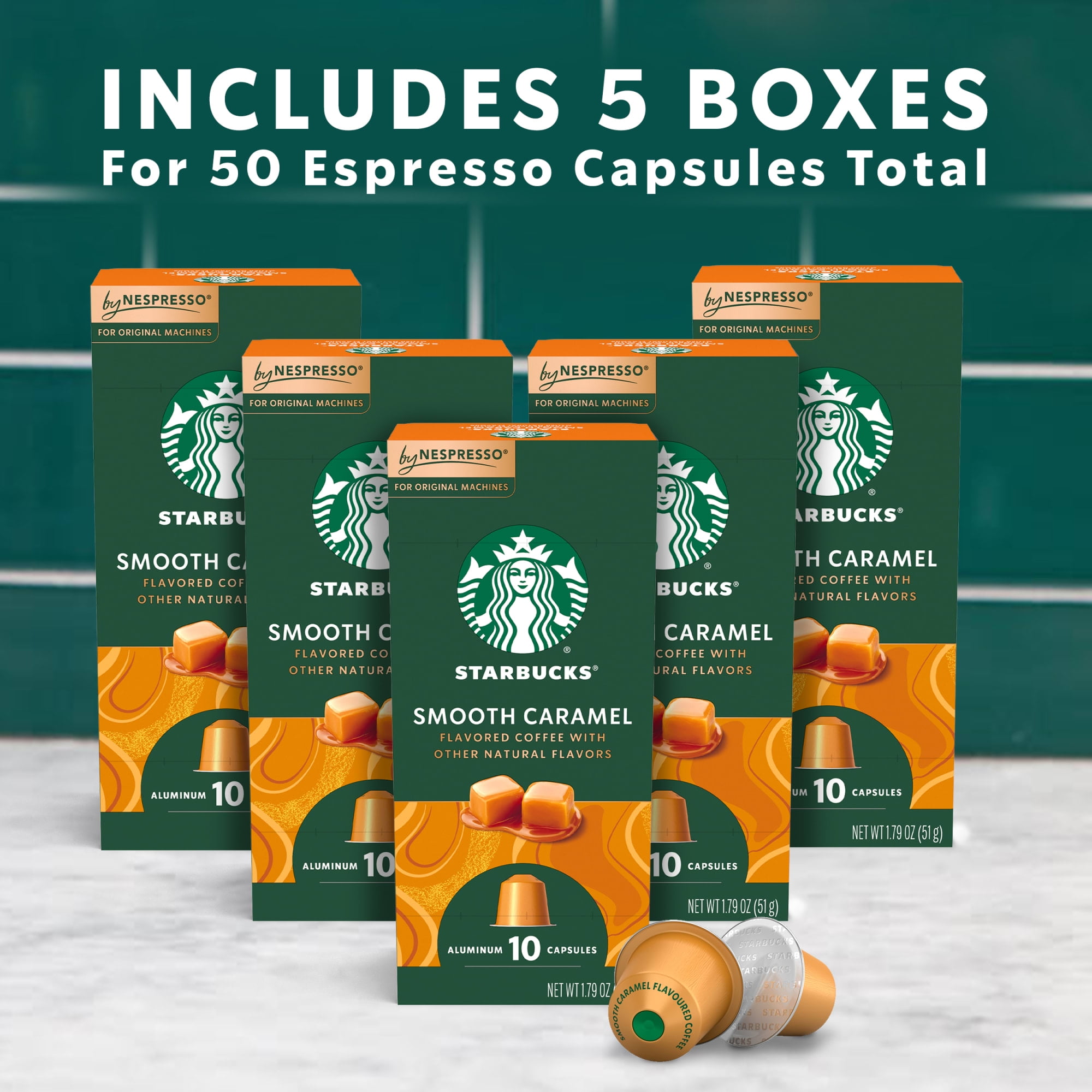 Starbucks By Nespresso Original Line, Smooth Caramel, Flavored Roast Nespresso Pods, 10 Count, 5 Pack