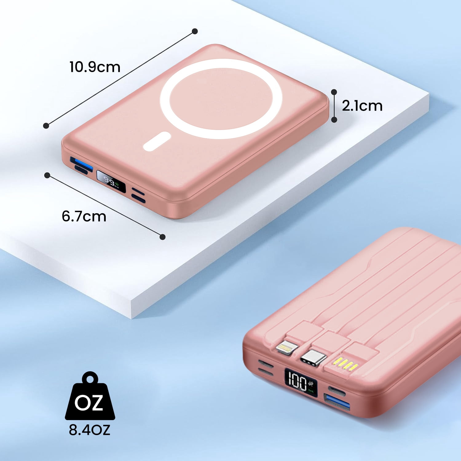 GASYESOY Portable Charger,10000mAh 20W Power Bank,Built-in Cables Fast Charging,with LED Display for iPhone 16/15/14/13/12 and Android,Pink