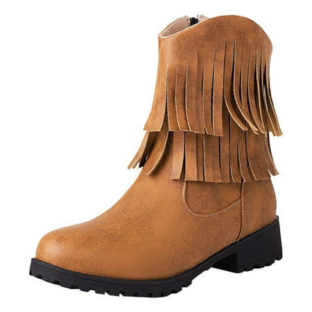 OJSFQUFP Womens Shoes Winter Warm Boots Women Ankle Boots Fashionable New Pattern Tassel Decoration Round Toe Low Heel Comfortable Autumn and Winter Zipper Shoes Waterproof Womens Shoes Yellow 38