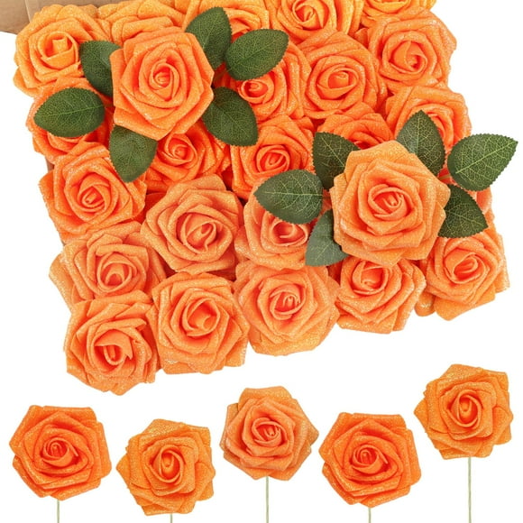 Rosas artificiales de color naranja quemado N&T Nieting, 25 unidades, purpurina, 7,6 cm