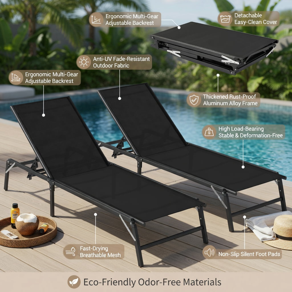 Hommoo 2-Pack Foldable Outdoor Chaise Lounge Chairs, Metal Frame with Breathable Fabric, 5-Position Adjustable Backrest, Perfect for Patio, Pool & Backyard, Black
