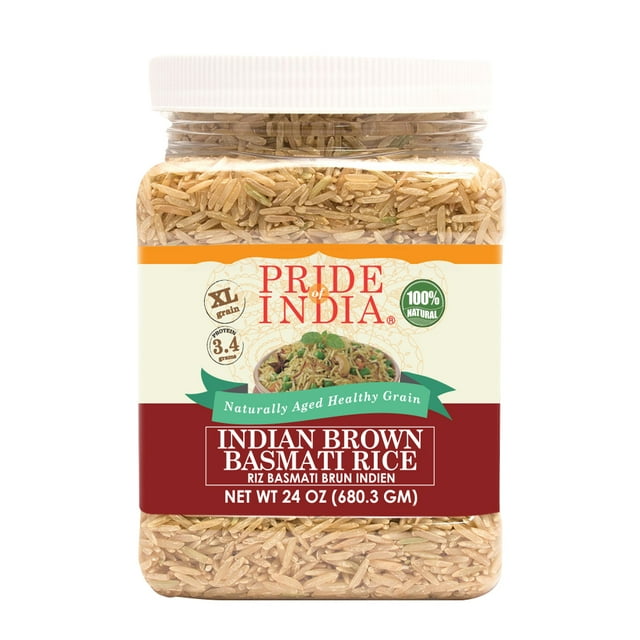 Pride Of India Extra Long Indian Brown Basmati Rice in a 1.5 lbs (680 gm) sealed food-grade plastic jar. The jar features a clear view of the naturally aged, long and thin brown basmati rice grains. The label highlights its 100% natural, GMO-free, gluten-free, vegan, and BPA-free attributes. Suitable for salads, pilaf, desserts, and other dishes.