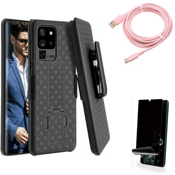 Case Belt Clip w Privacy Screen Protector w 10ft Long USB-C Cable for Samsung Galaxy S20 Ultra - Holster Swivel Cover, TPU Film [NOT GLASS] [Fingerprint Works], Pink Charger Cord fits Galaxy S20 Ultra