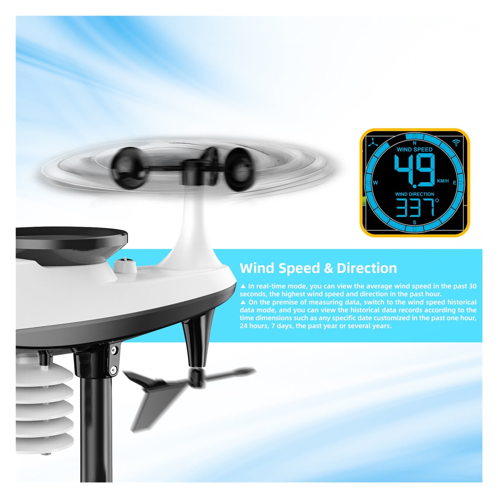 Professional Weather Station Wireless Outdoor Sensor 8 In 1 Weather Forecast Wind Rain Gauge Thermometer Hygrometer ,Easy to Install