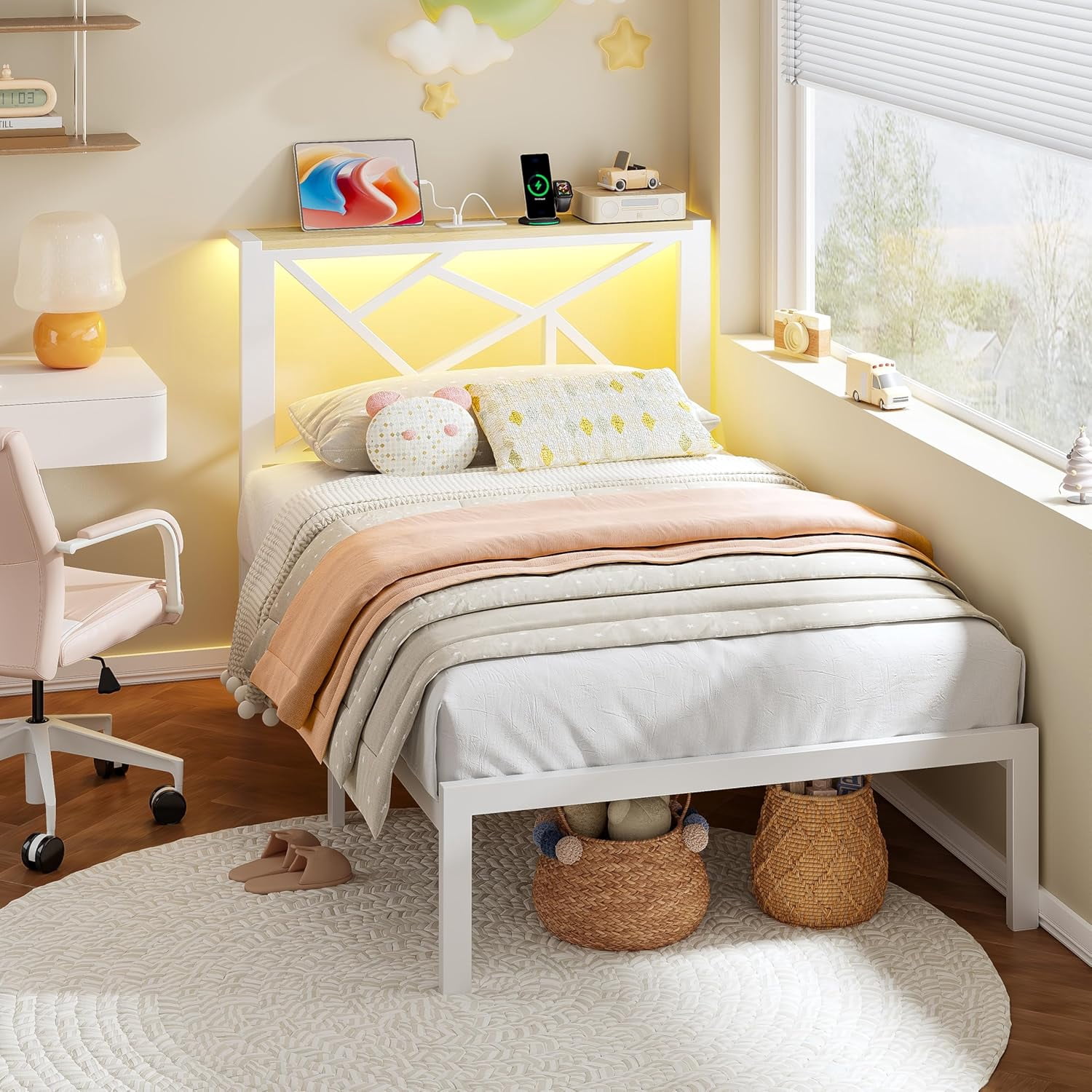 ChicZhiNest Twin Size Bed Frame with Wooden Storage Headboard & LED Lighting, USB Charging Station, Stable Metal Bed Frame, Noise Free Design, White