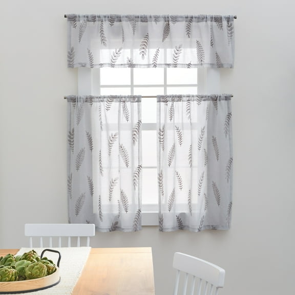 Better Homes & Gardens Embroidered Botanical Valance & Tier Set, 3-Piece Curtain, Silver, Indoor, 60"W x 36"L, Adult, Teen