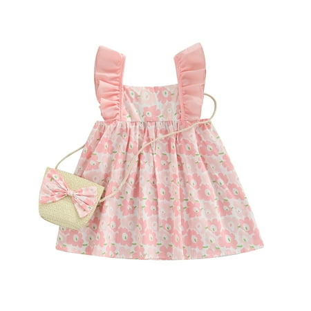 

ELF Baby Girl Summer Dress Floral Pleated Sleeveless cotton Dress + Large Bow Straw Braid Sling Bag 2 Pcs
