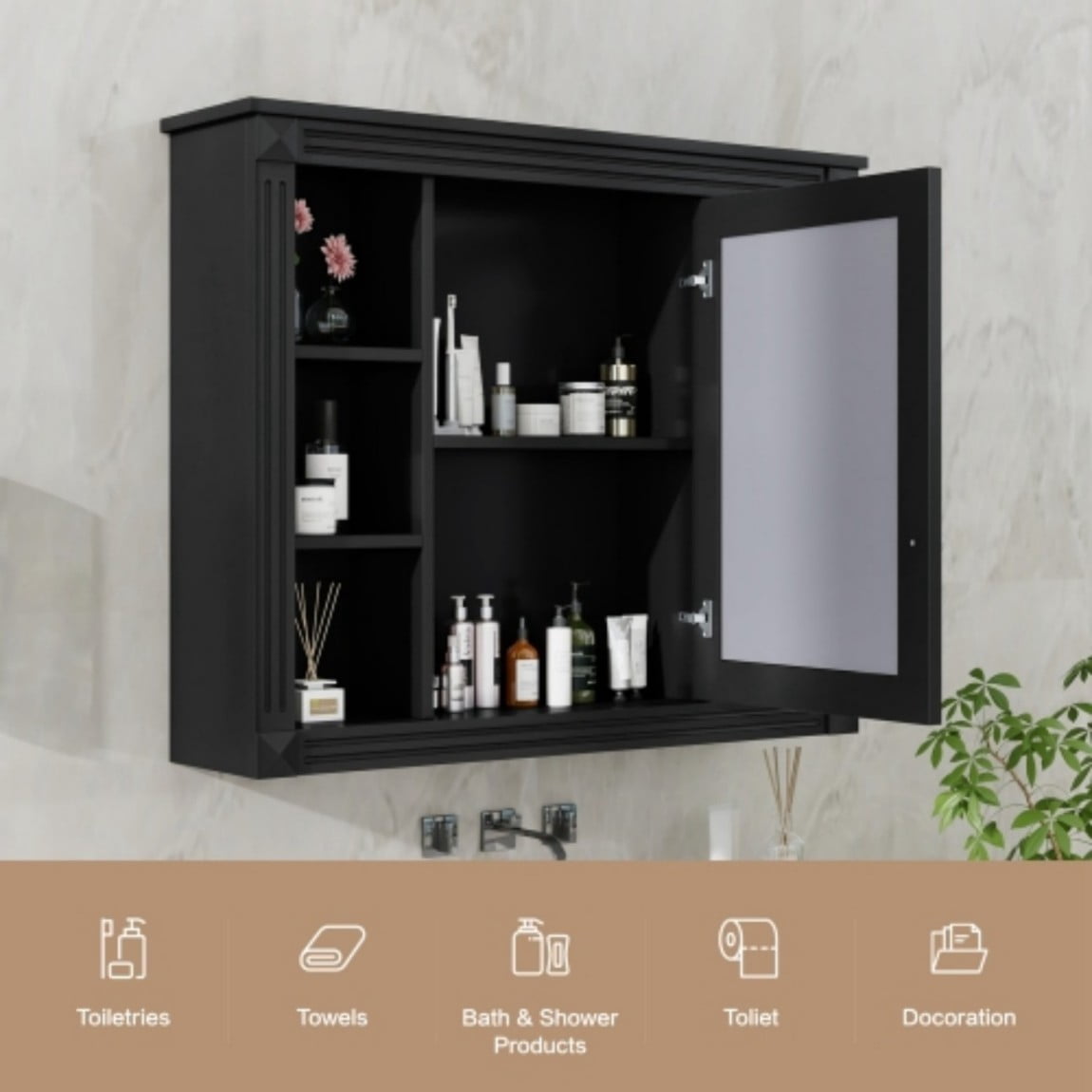 35"x 28" Wall Mounted Bathroom Medicine Cabinet with Mirror, Adjustable Shelves, Open Storage, Towel Bar, MDF Bathroom Storage Cabinet, Black