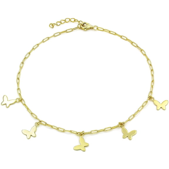 .925 Sterling Silver Gold Plated Butterfly Charm Anklet, Paper Clip Ankle Bracelet, Giorgio Bergamo