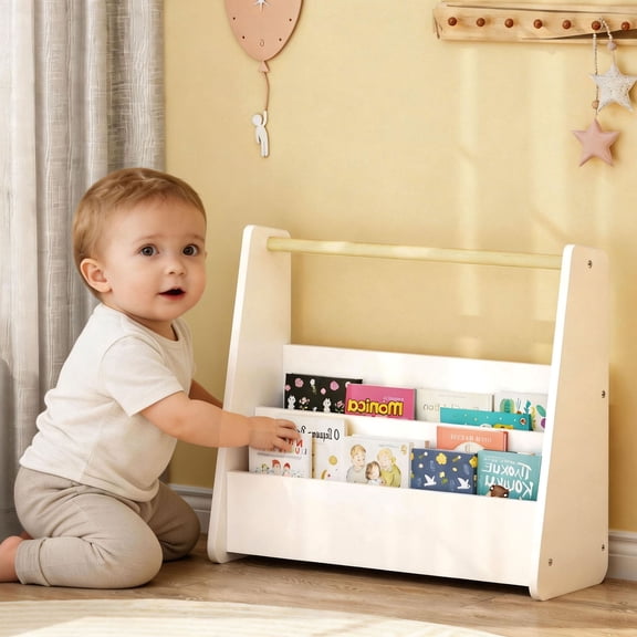 S-HOME Kids Bookshelf With Wooden Handle, White 2-Tier Front-Facing Bookcase, Portable Storage Organizer For Playroom