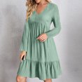 thumbnail image 2 of pstuiky Dresses for Women, Women Solid Color Pleated Dress Loose High Waist Dress Long Sleeve V-Neck Dress Knee-Length Dress Leisure Mint Green XXXL, 2 of 6
