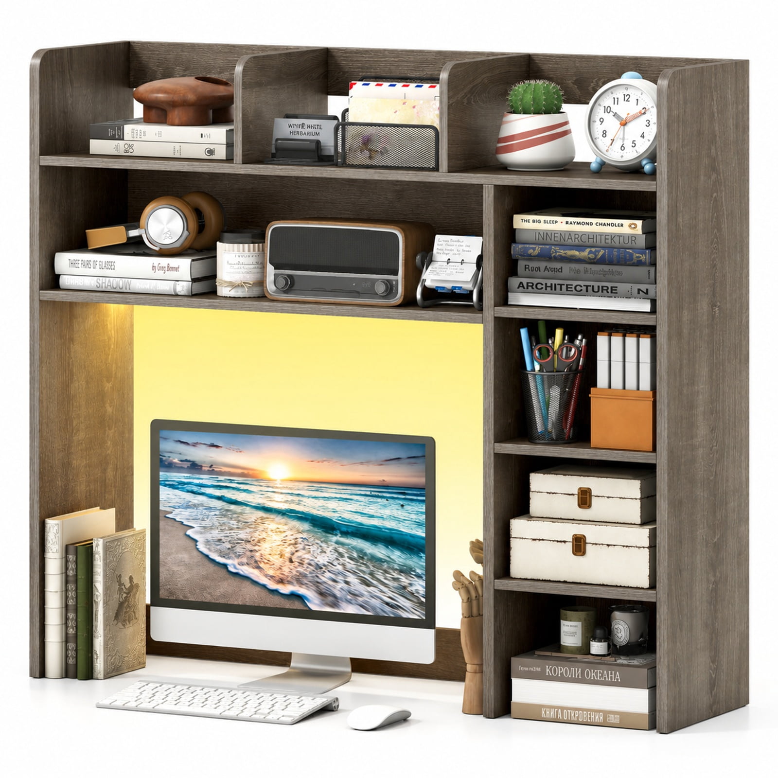 Furnibear Desktop Bookshelf with LED Lights 35.5 Inch Oak Desk Hutch Storage Organizer with Adjustable Shelves for Home Office, Oak