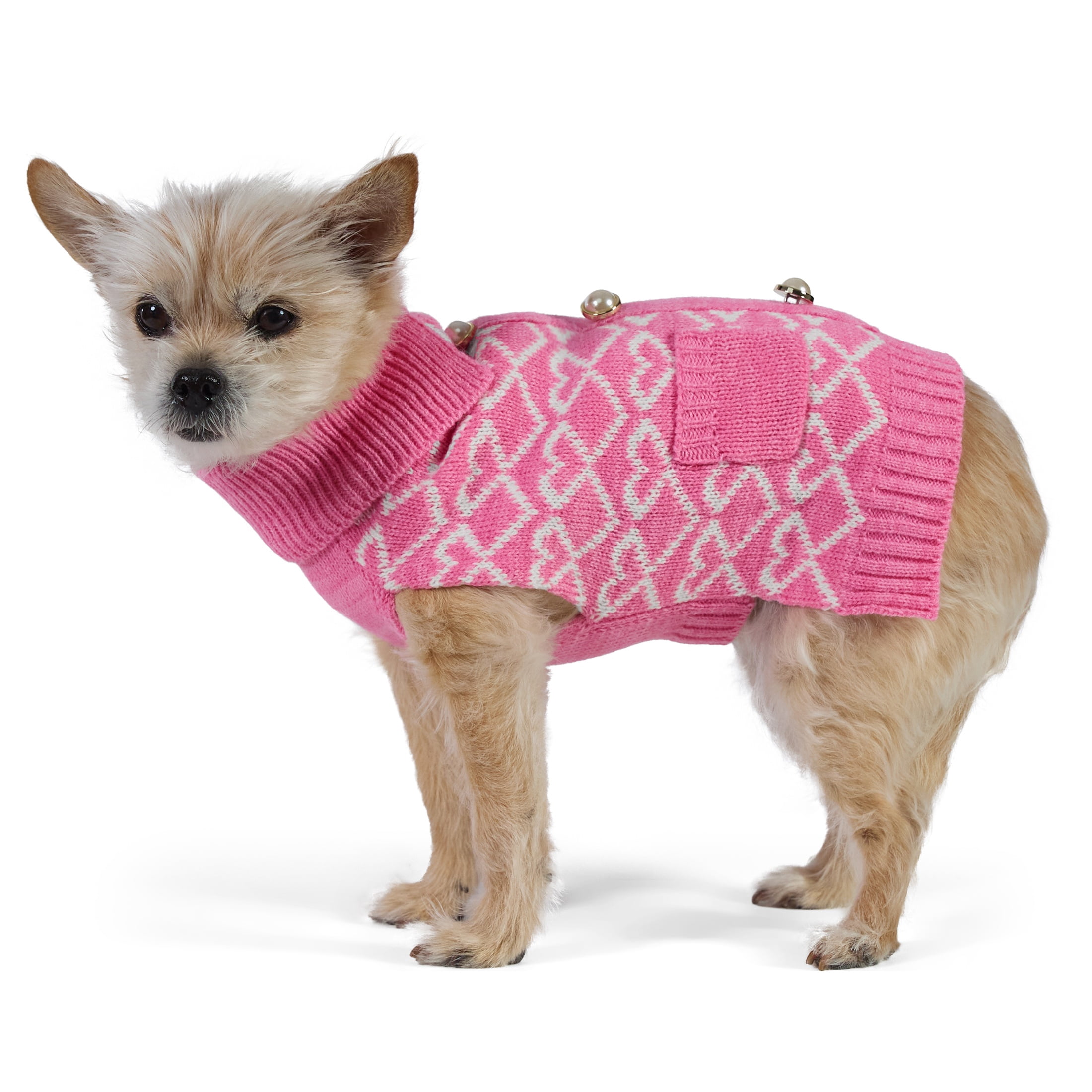 Vibrant Life Sweater for Dogs and Cats, Hearts with Pearl Buttons, Pink, XS