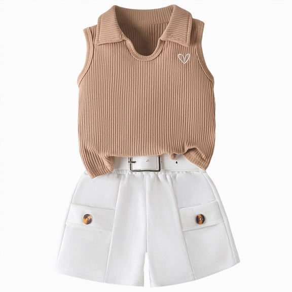 Xudanell Girls Outfits Knitted Tank Top Solid Color Print Shorts 2pcs Sleeveless Outfits Set Cute Casual