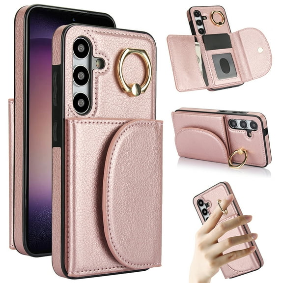Wallet Case Compatible with Samsung S22 Plus with Card Holder,RFID Blocking,360°Rotation Finger Ring Stand Leather Cover,Drop Protection with Magnetic Snap Phone Case Samsung Galaxy S22 Plus, Rosegold