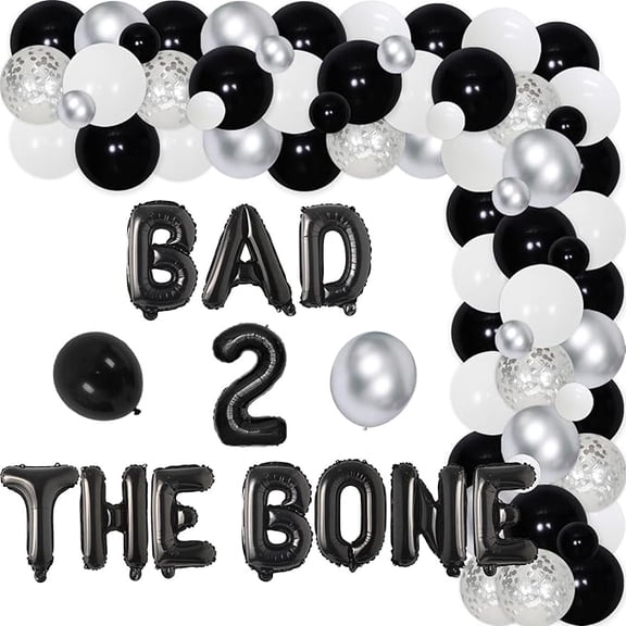 90Pcs Bad Two the Bone 2nd Birthday Party Decorations Black Silver Balloon Garland Arch Kit with Bad 2 the Bone Foil Balloons, Rock N Roll Music Theme 90s Second Birthday Party Decor for Boys