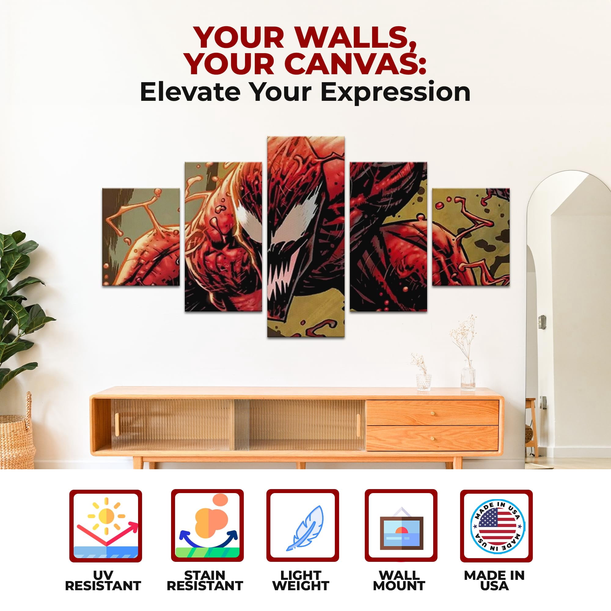 Carnage Canvas Wall Art by DreamController Set of 5 - 20x40 inches Wall Decor | HD Printed & Wooden framed wall art | Modern Wall Decor for Bedroom, Living Room, Office, Kids Room | Made in USA